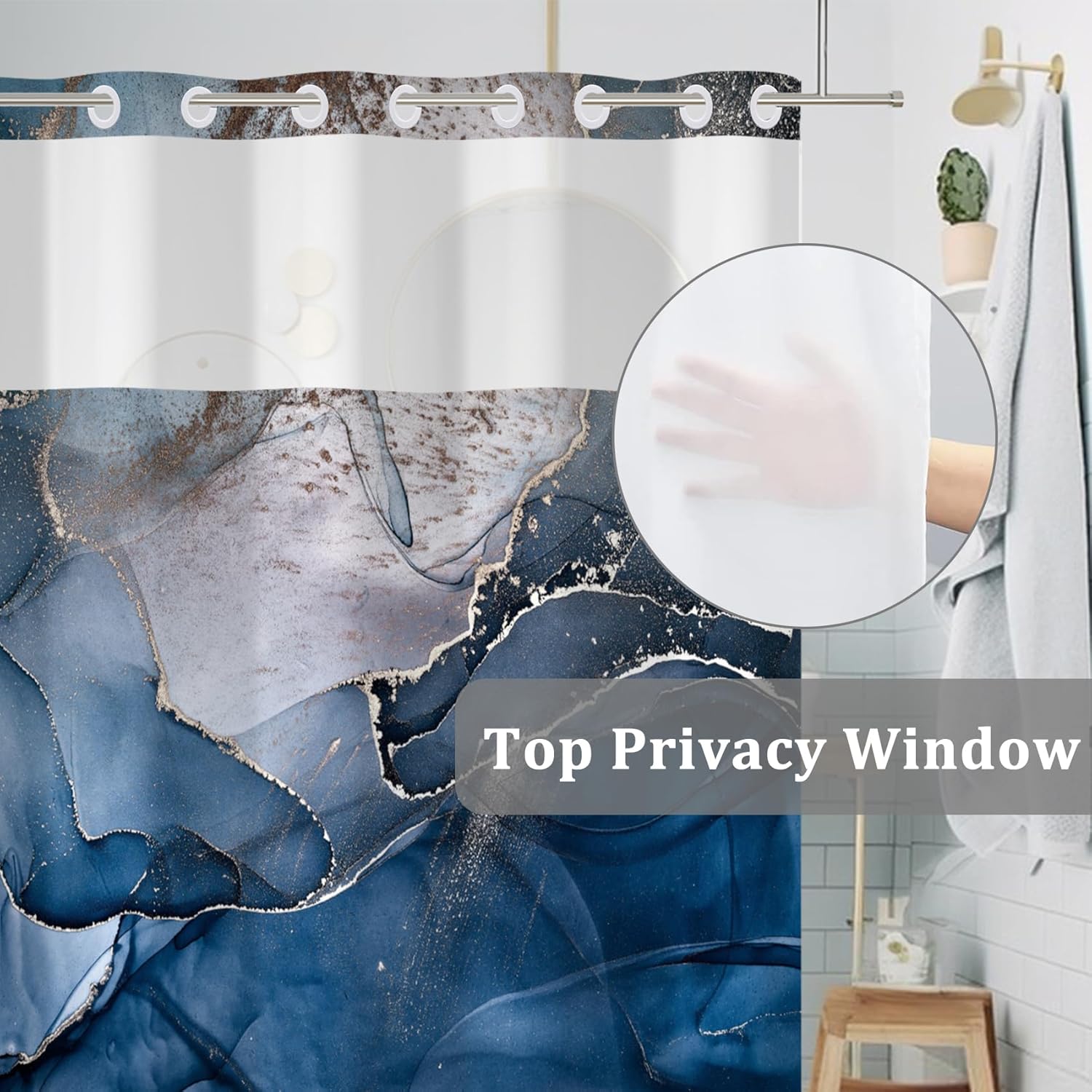 Baocicco Double Layer Blue Marble Shower Curtain Set