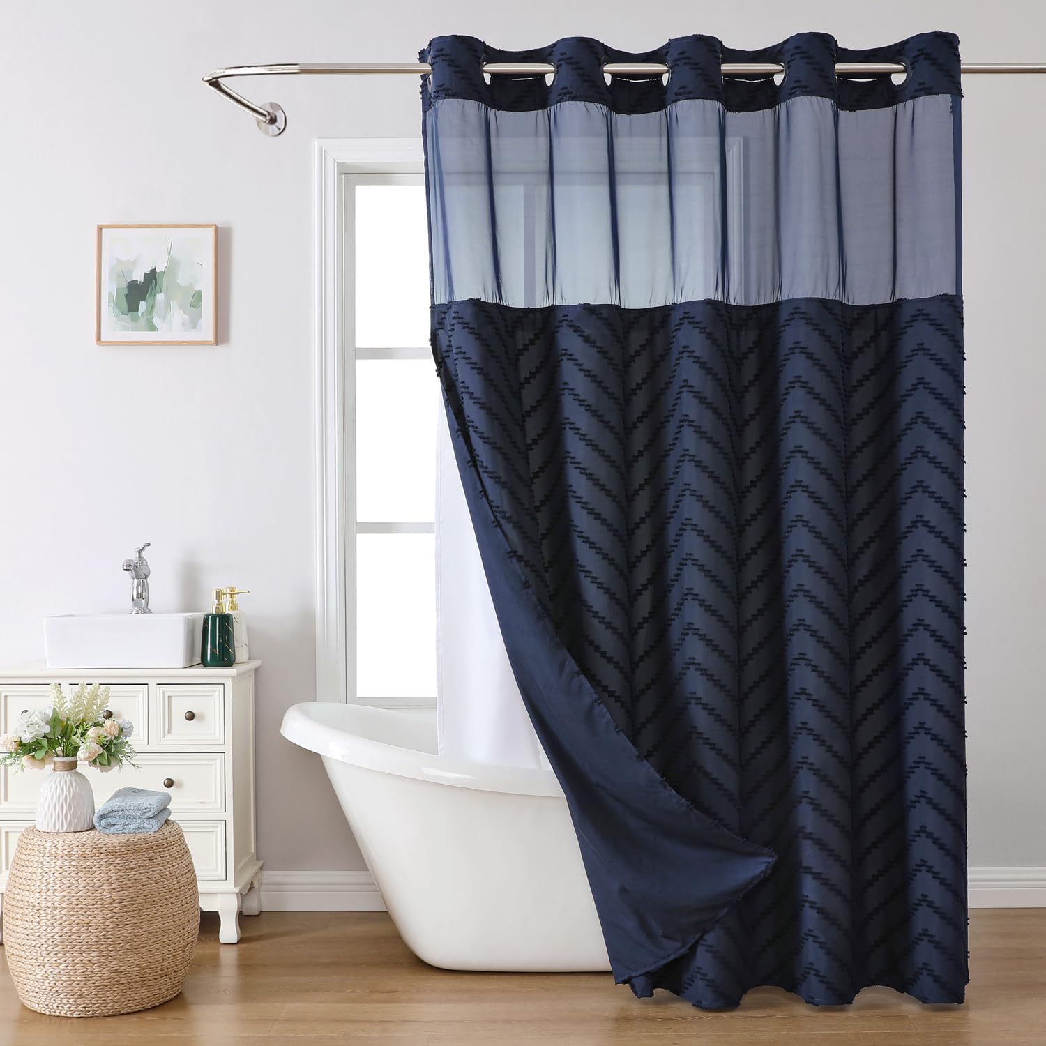 Navy Blue Tufted Chevron Shower Curtain Set with Snap-in Liner