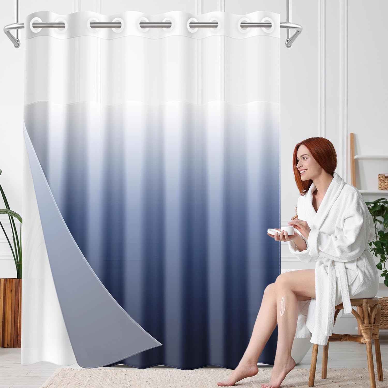 Nesphy No Hook Navy Blue Ombre Shower Curtain Set 1