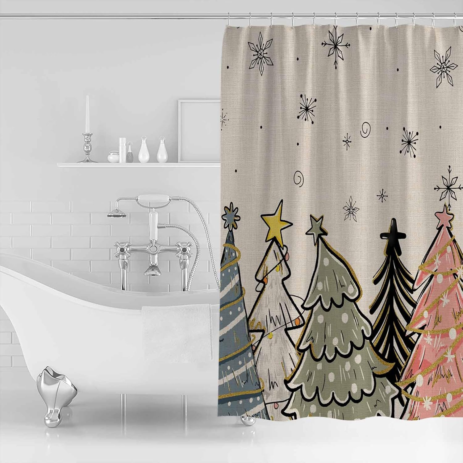 ZOE GARDEN 72x84 Winter Christmas Tree Shower Curtain Set with Hooks