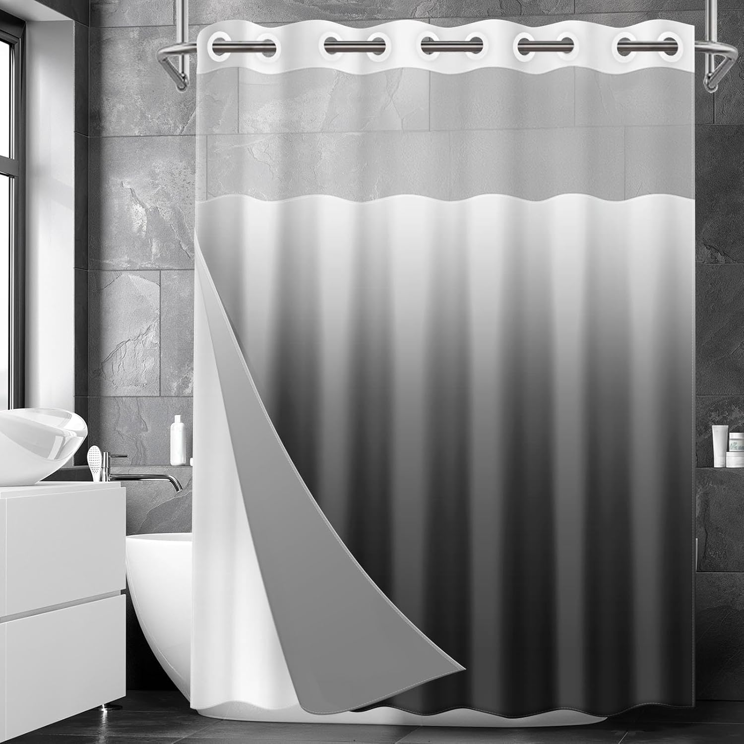 Nesphy No Hook Ombre Shower Curtain Set 71x74 Inch