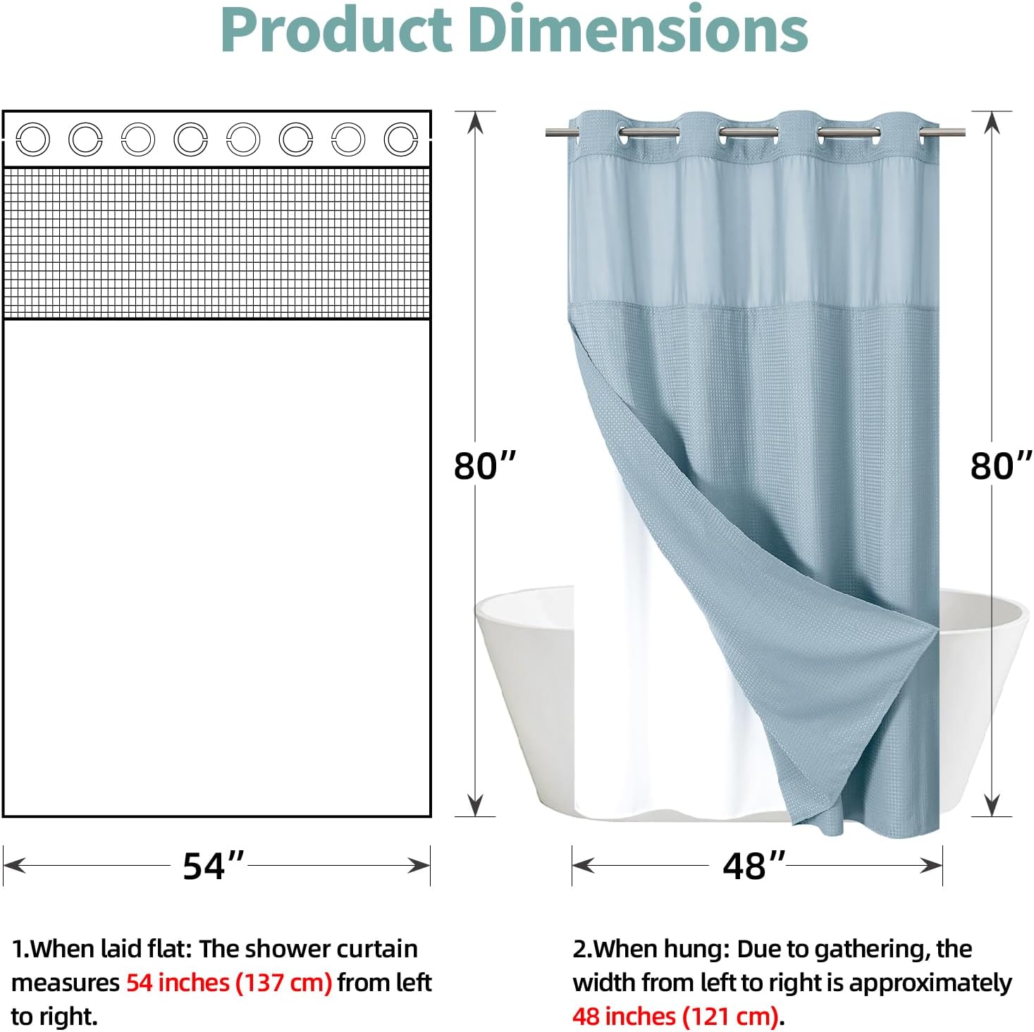 Teal Waffle Weave Shower Curtain Set with Snap-In Liner No Hooks