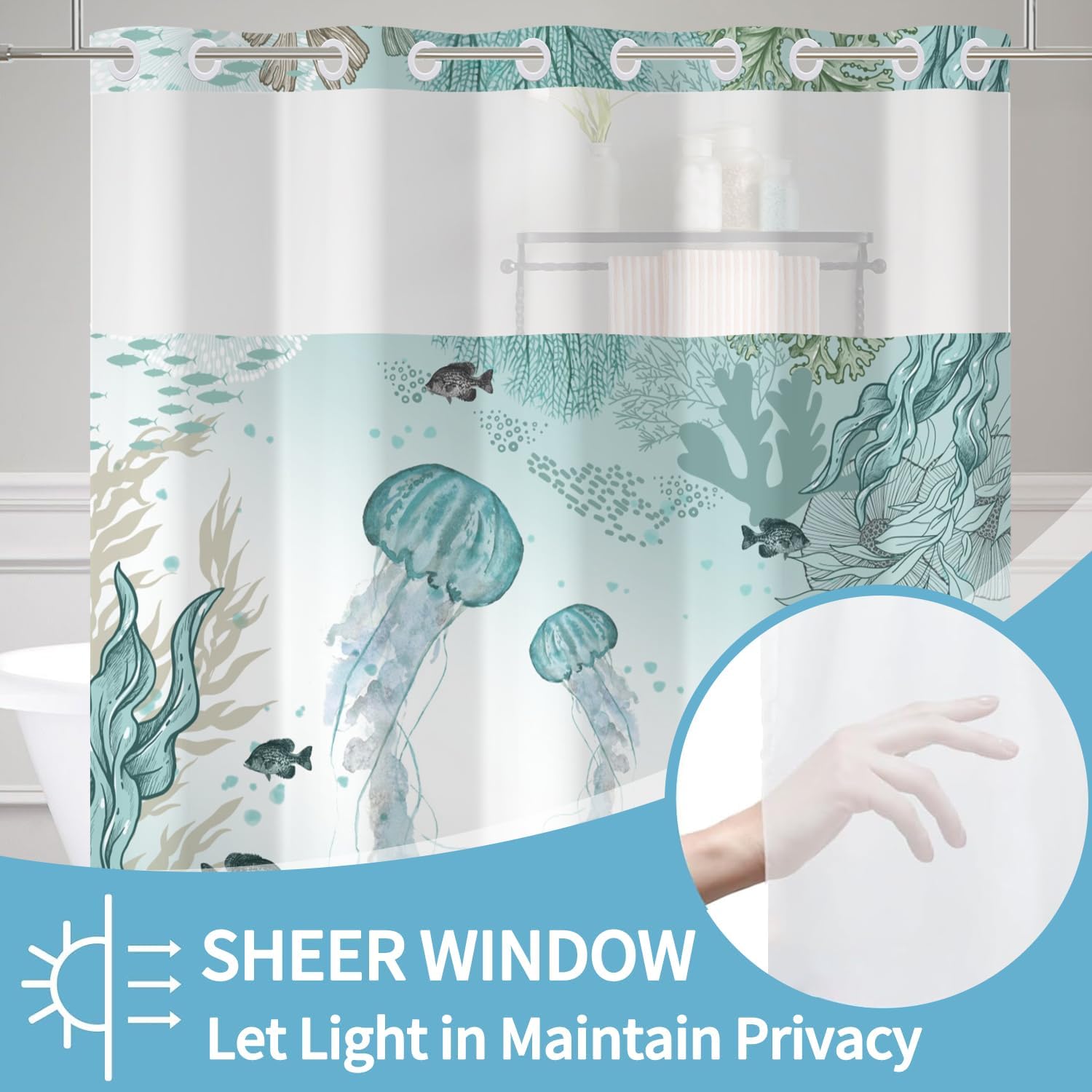 No Hook Jellyfish Shower Curtain Set with Snap-in Liner and Double Layer