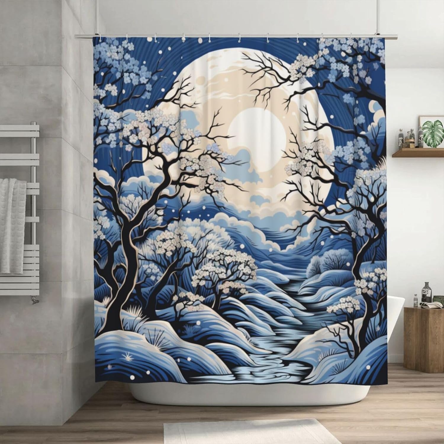 White Flower Tree Shower Curtain Set with 12 Hooks 72x72in