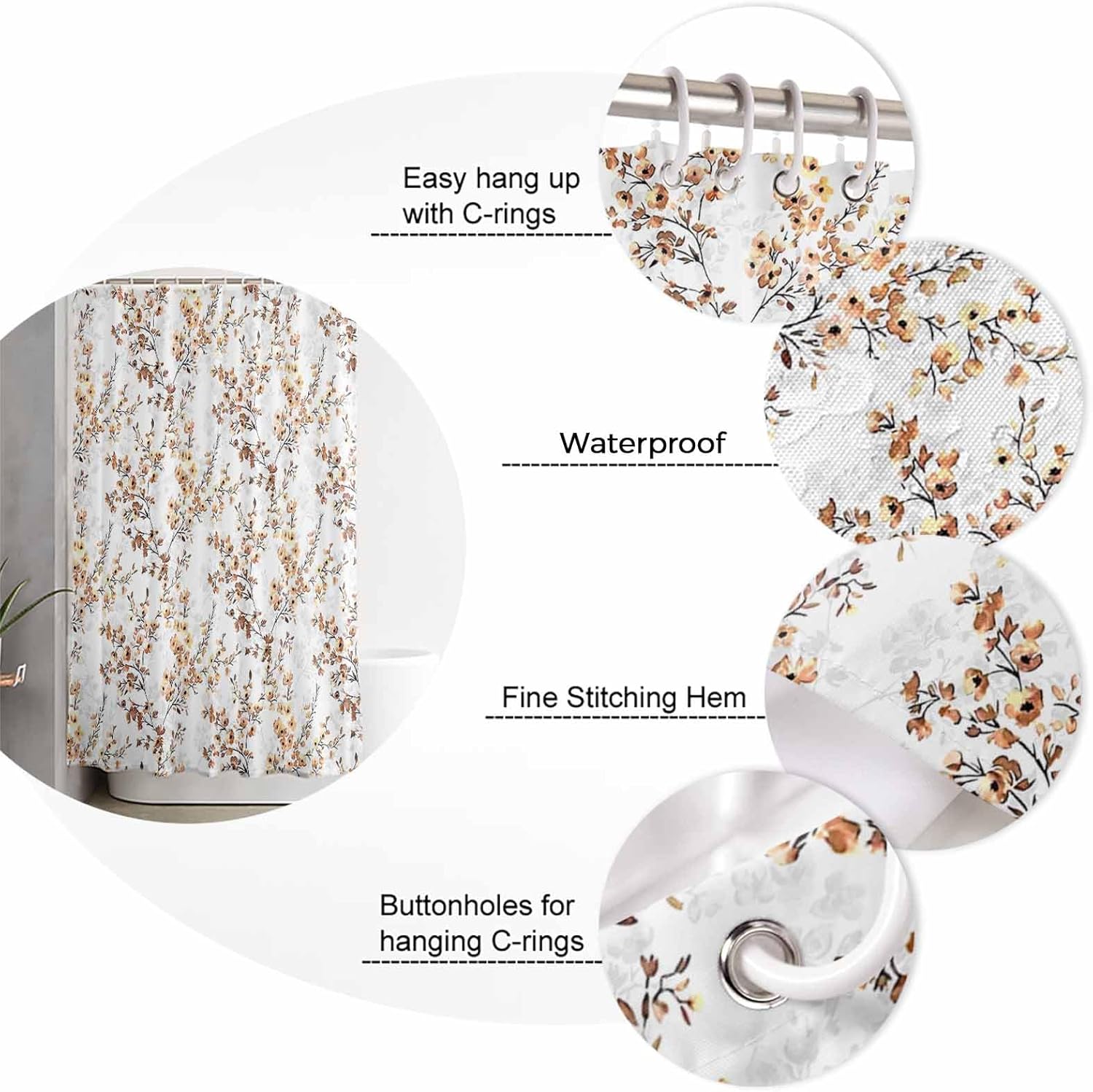 ZOE GARDEN Brown Flower Leaves Shower Curtain Set