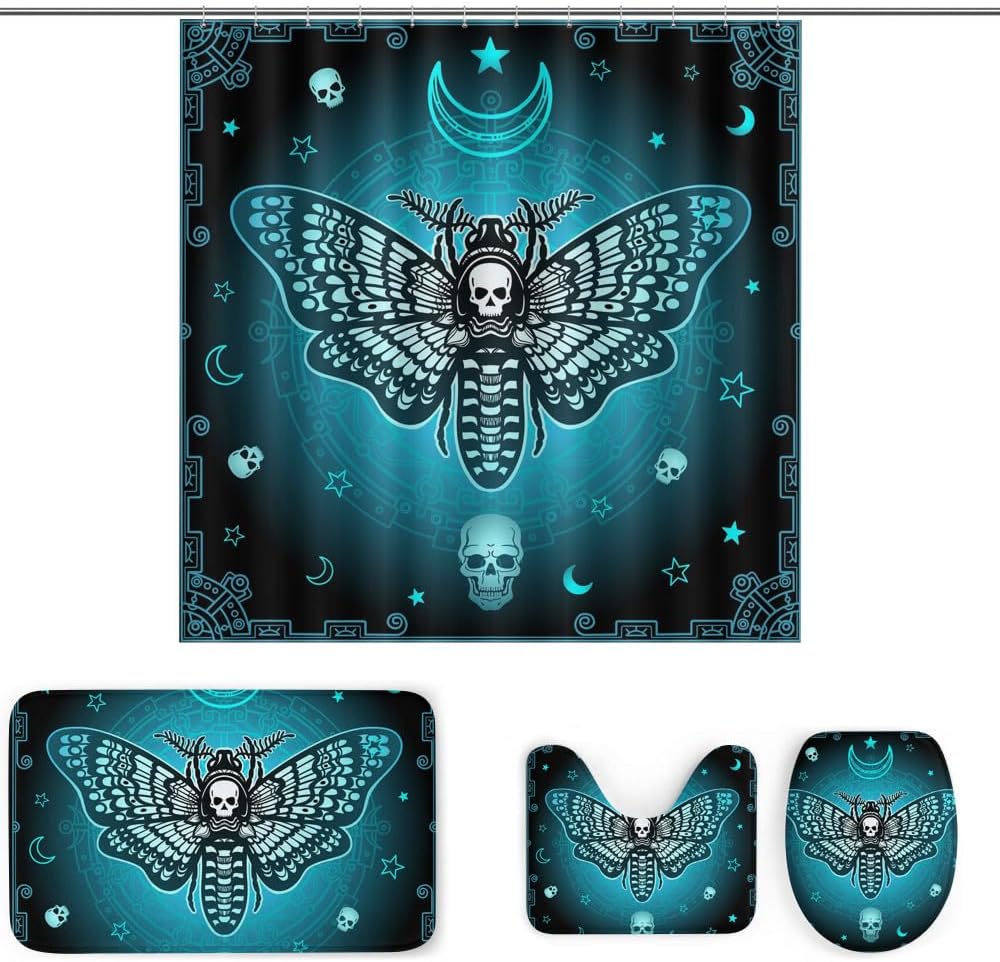 4 Pcs Death Moth Theme Shower Curtain Set with Rug and Mat