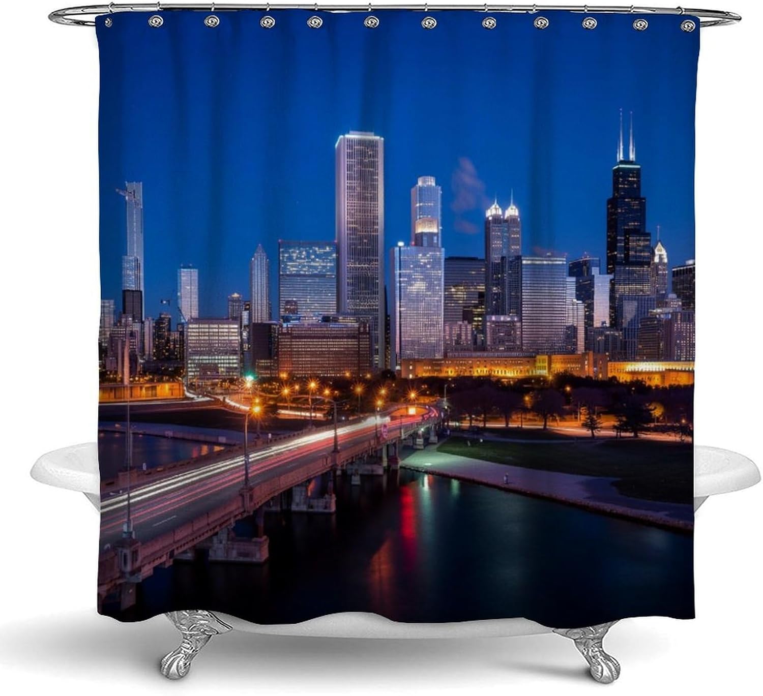 OXJOIIS USA Chicago City Skyline Art Shower Curtain Set