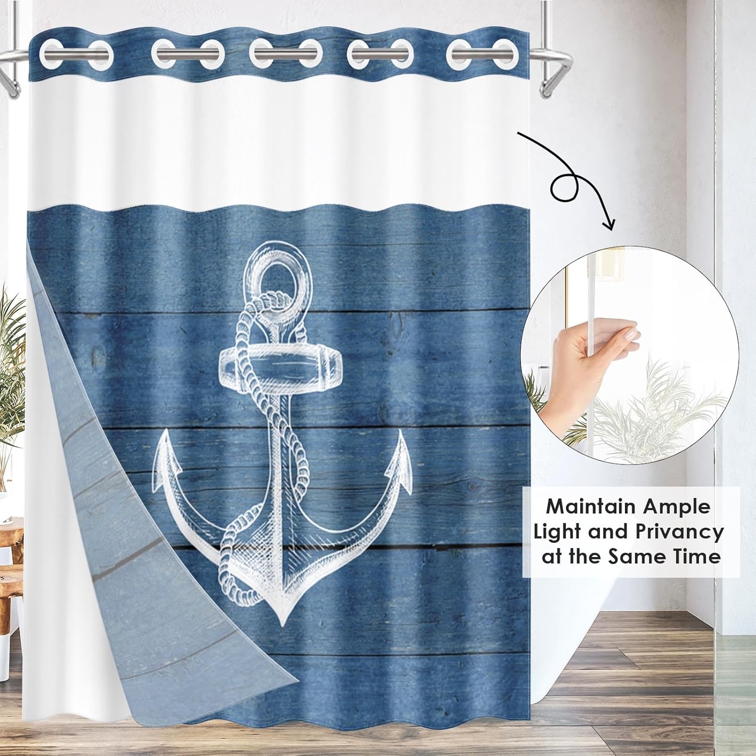 Nesphy Navy Blue No Hook Anchor Wooden Board Shower Curtain Set