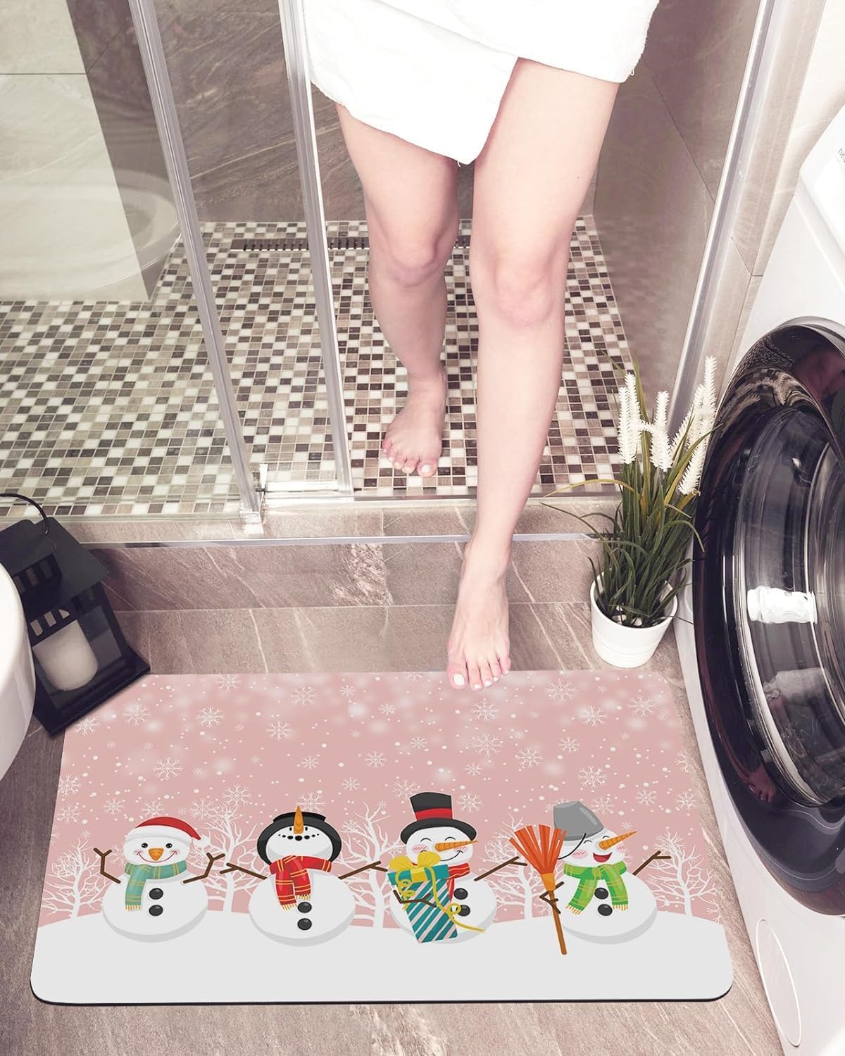 Christmas Snowman Bath Mat with Gift and Broom 32x20In
