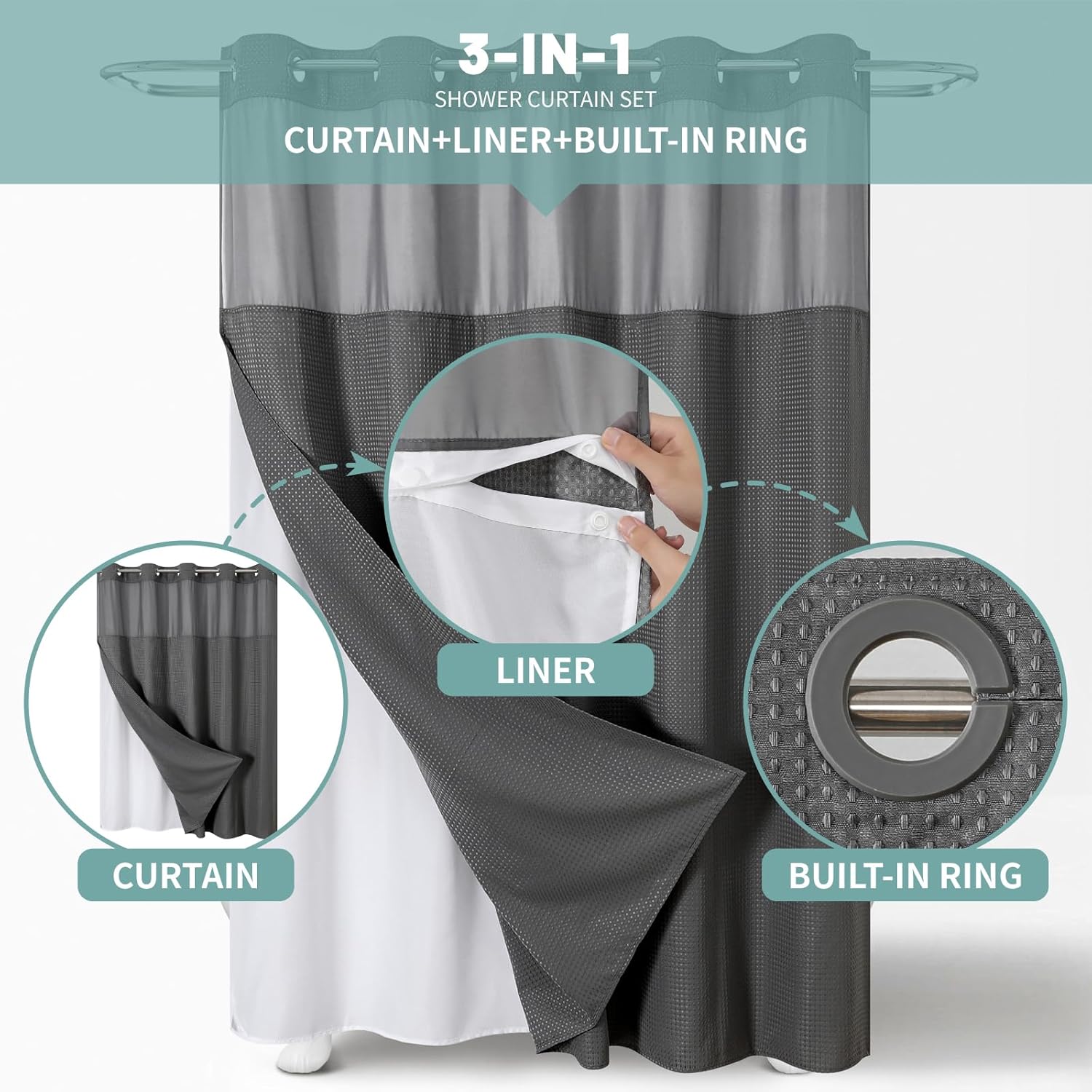 Charcoal Grey Waffle Weave Shower Curtain Set with Snap-In Liner 71x77 Inches