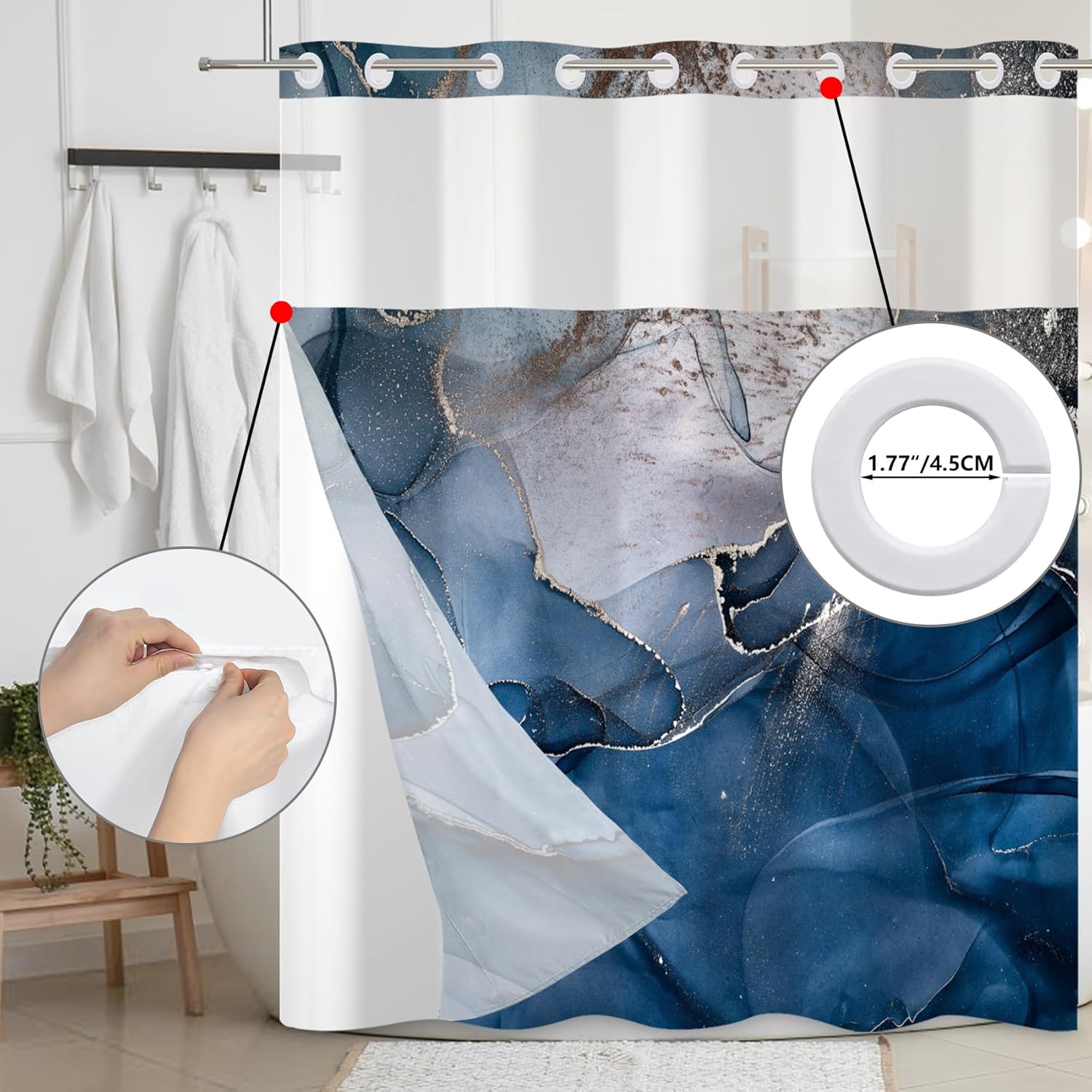Baocicco Double Layer Blue Marble Shower Curtain Set