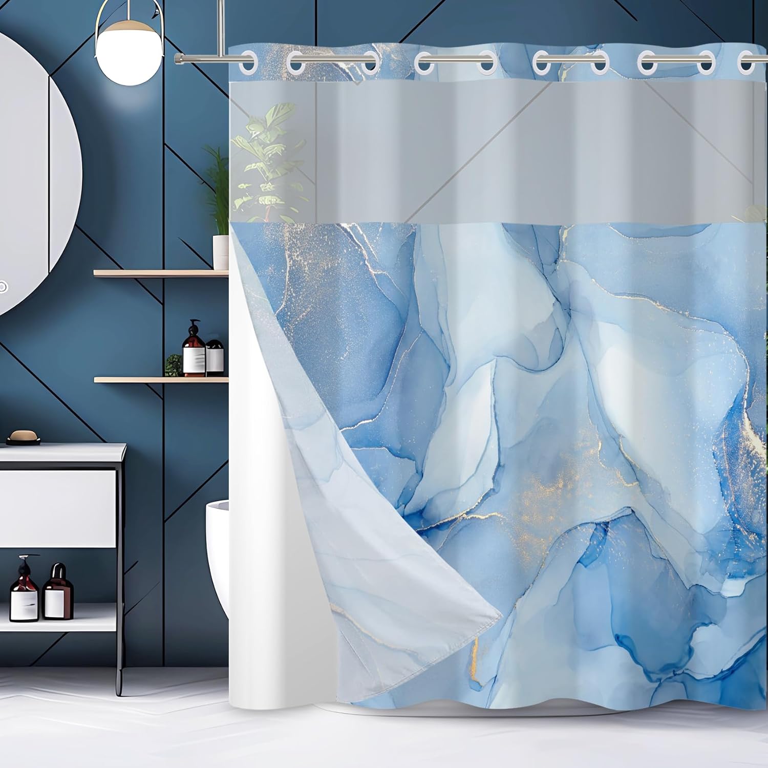 Baocicco Blue Marble Shower Curtain Set 71x74 Inch