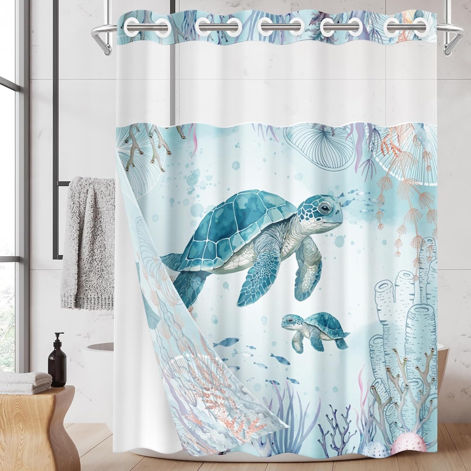 Nesphy No Hook Sea Turtles Shower Curtain Set