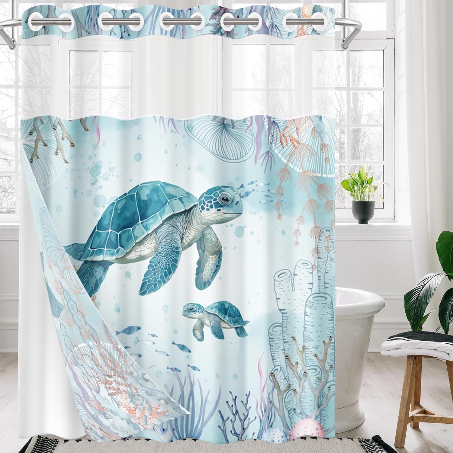 Nesphy No Hook Sea Turtles Shower Curtain Set