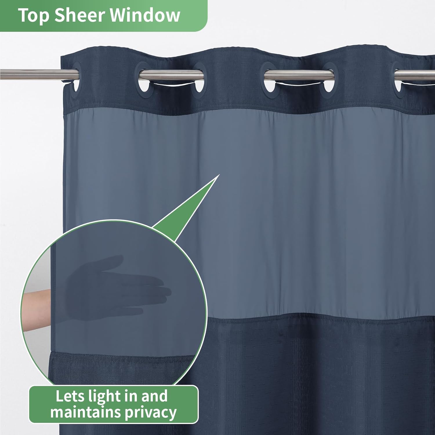 No Hook Shower Curtain with Snap-in Liner Set Slub Textured Navy Blue