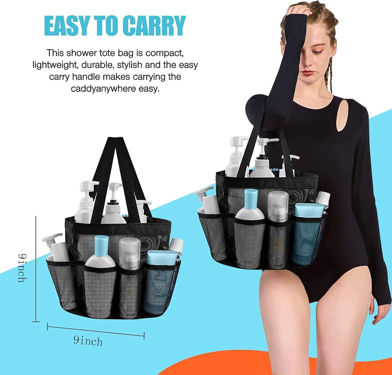 2025 Portable Shower Caddy Bag with 8 Pockets - Black