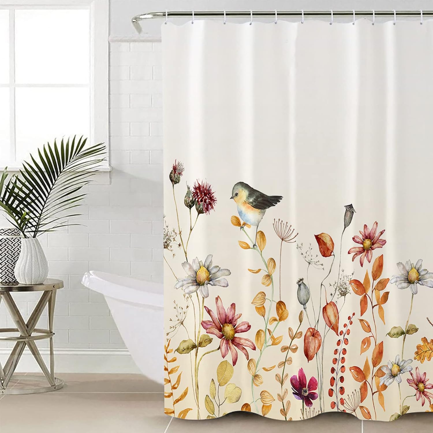 ZOE GARDEN Fall Flower Bird Bathroom Set with Curtain and Rug