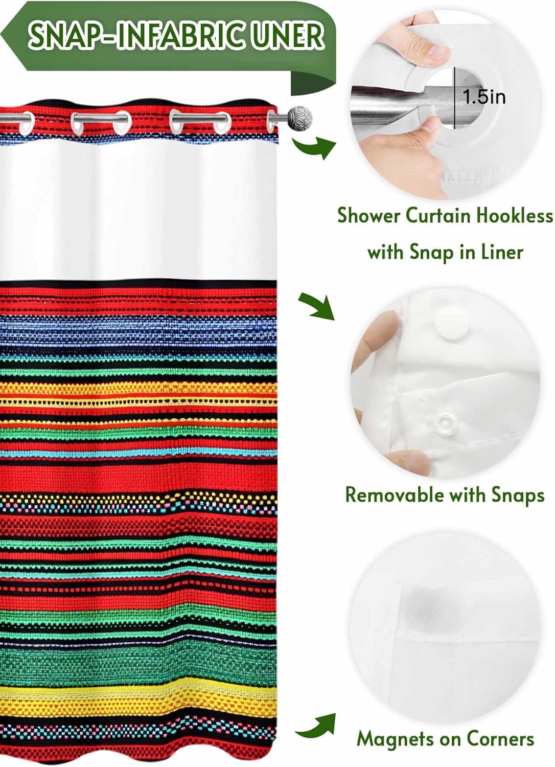 Eeijunphn No Hooks Shower Curtain Set 72x72in Abstract Mexico design