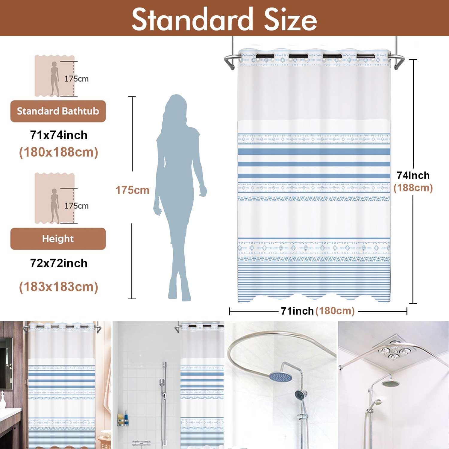 TERSUM No Hook Blue Striped Shower Curtain Set with Snap Liner 71x74 Inch
