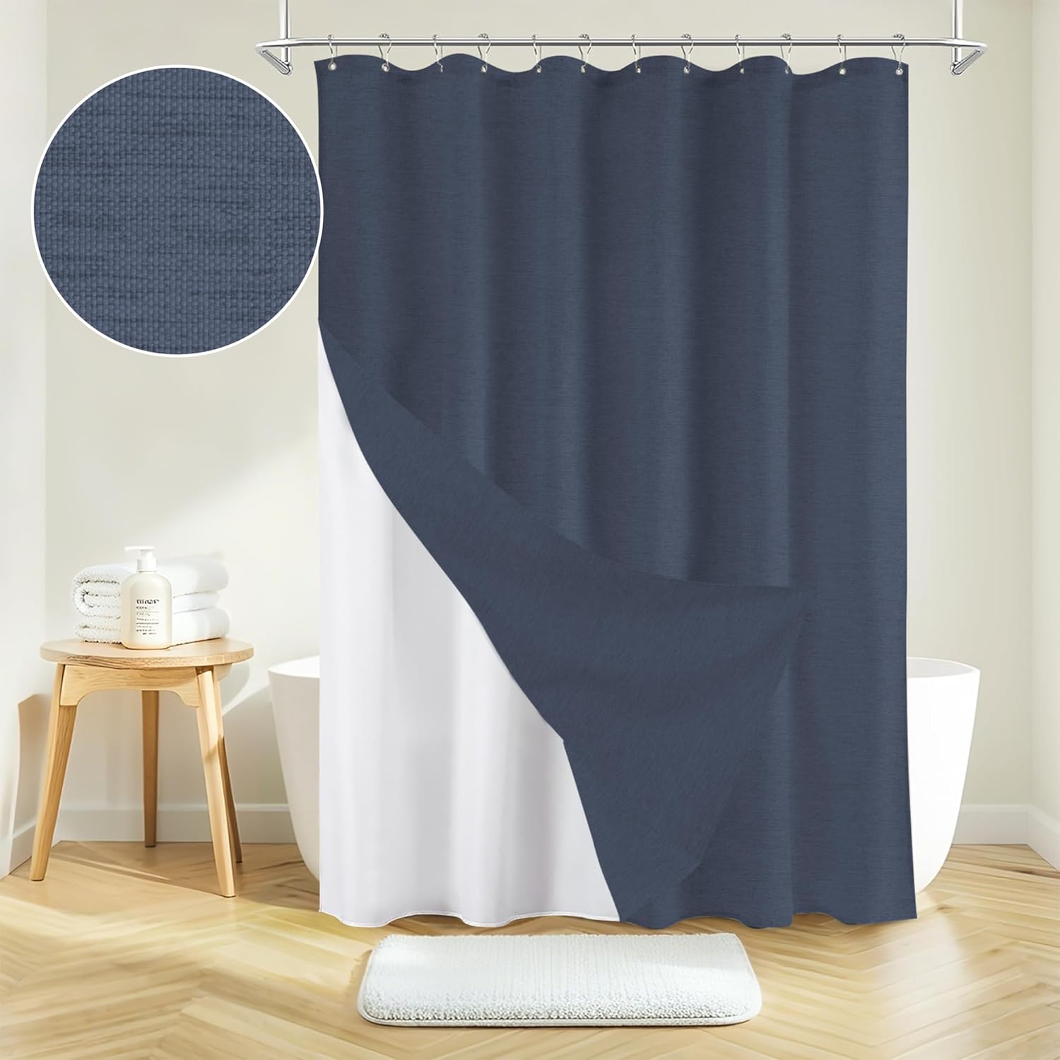 Inhousolu Boho Shower Curtain Set Faux Linen 12 Metal Hooks Navy Blue 54x78
