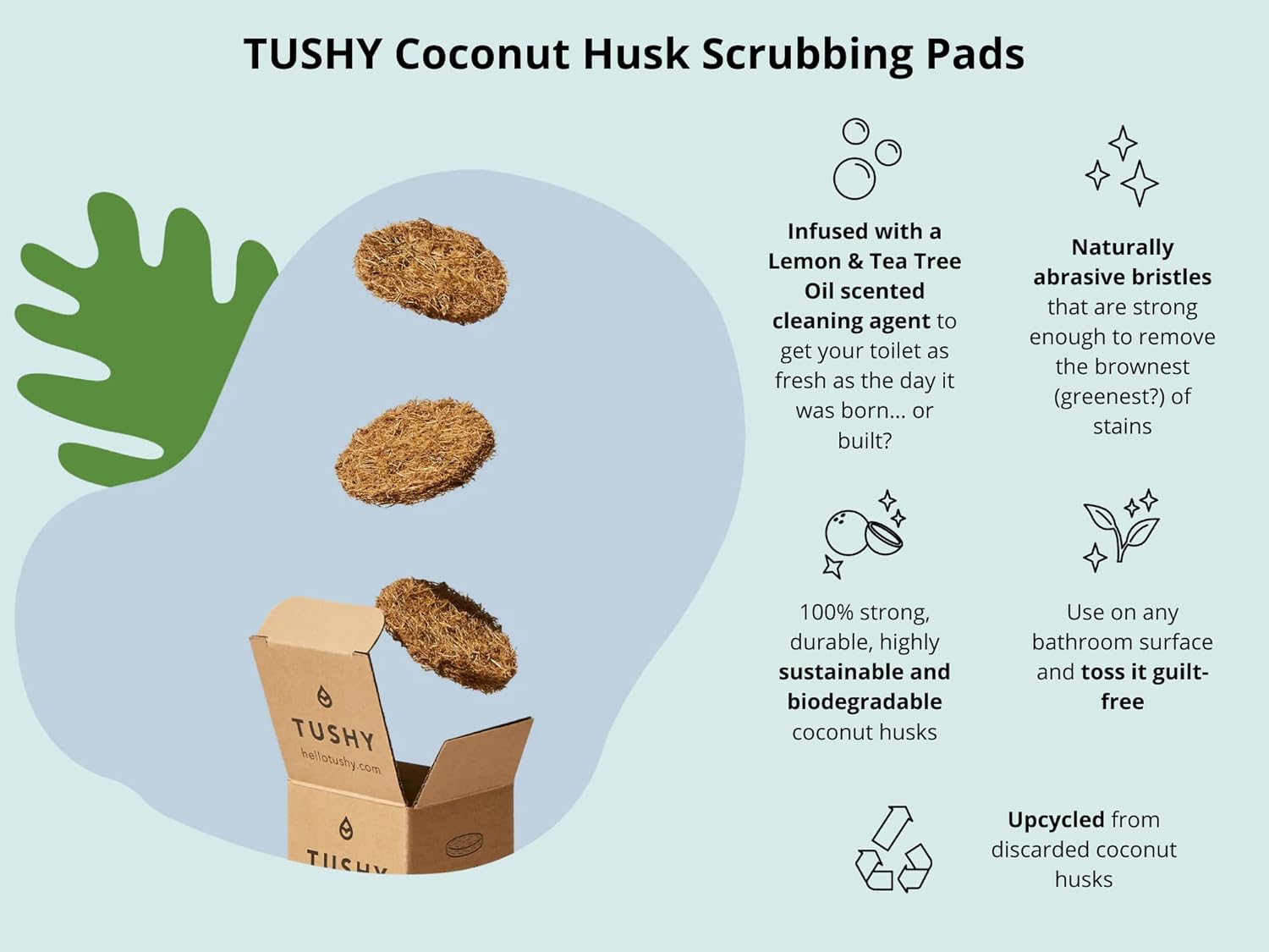TUSHY Coconut Husk Scrubbing Pads - 16 Pack with Lemon Tea Tree Oil 1