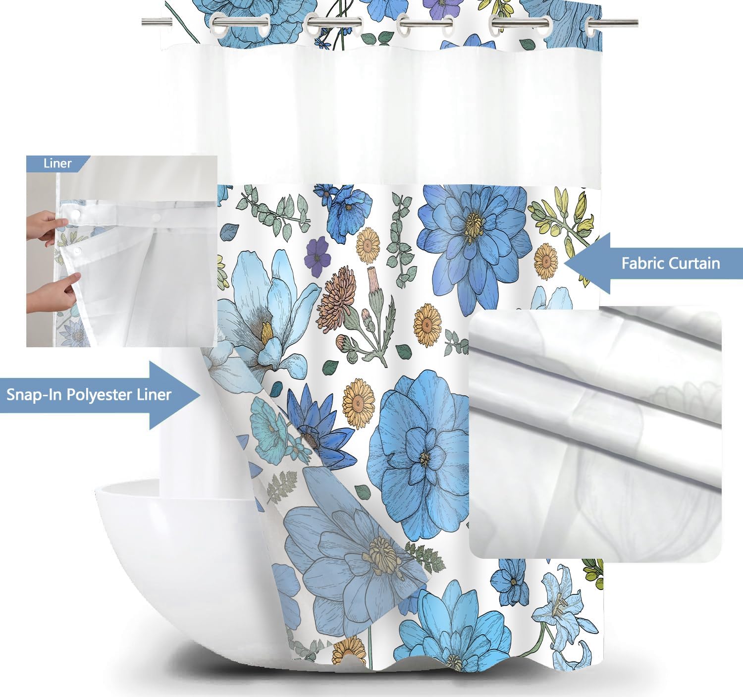 Boho Floral Shower Curtain Set with Snap Liner Blue and White