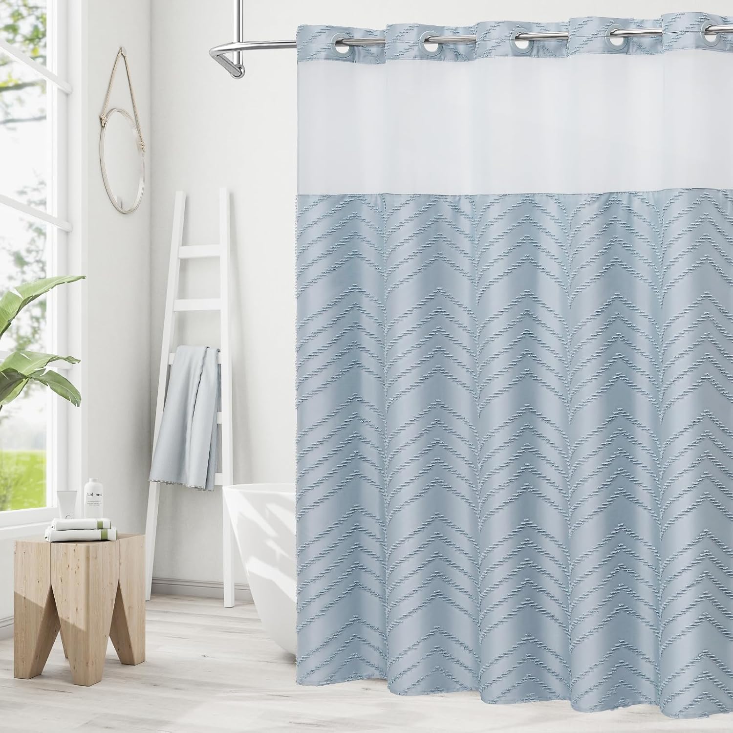 Boho Fog Blue Shower Curtain Set with Snap Liner