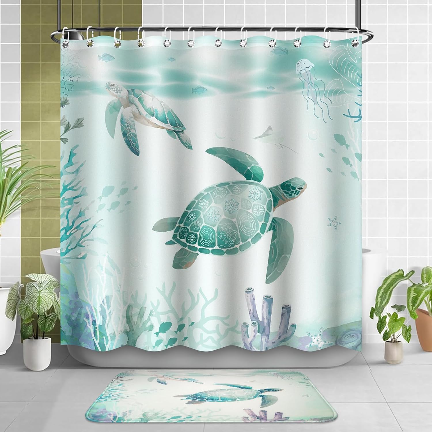 4Pcs Sea Turtle Shower Curtain Set with Non-Slip Rug and Hooks