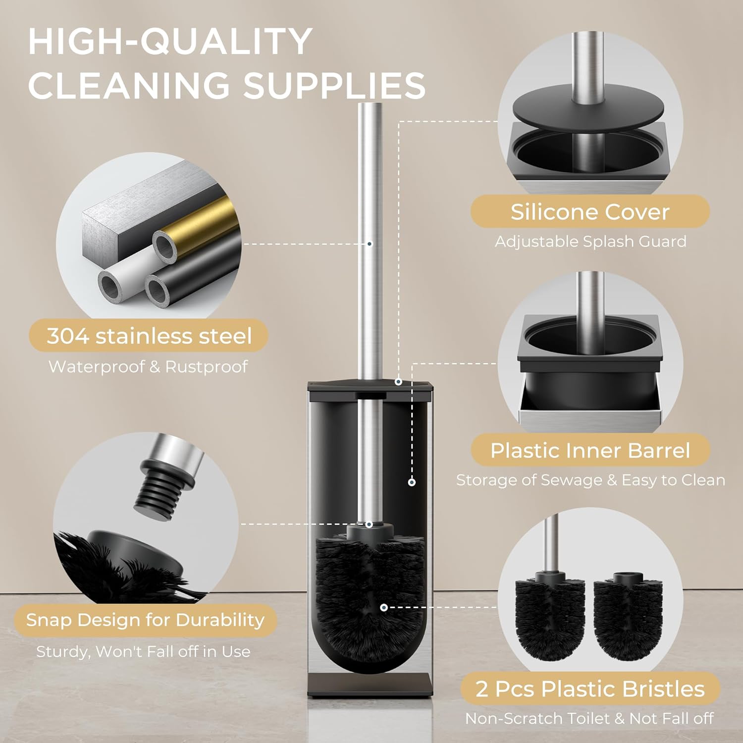 FORIOUS Toilet Brush and Holder Set with 2 Brush Heads