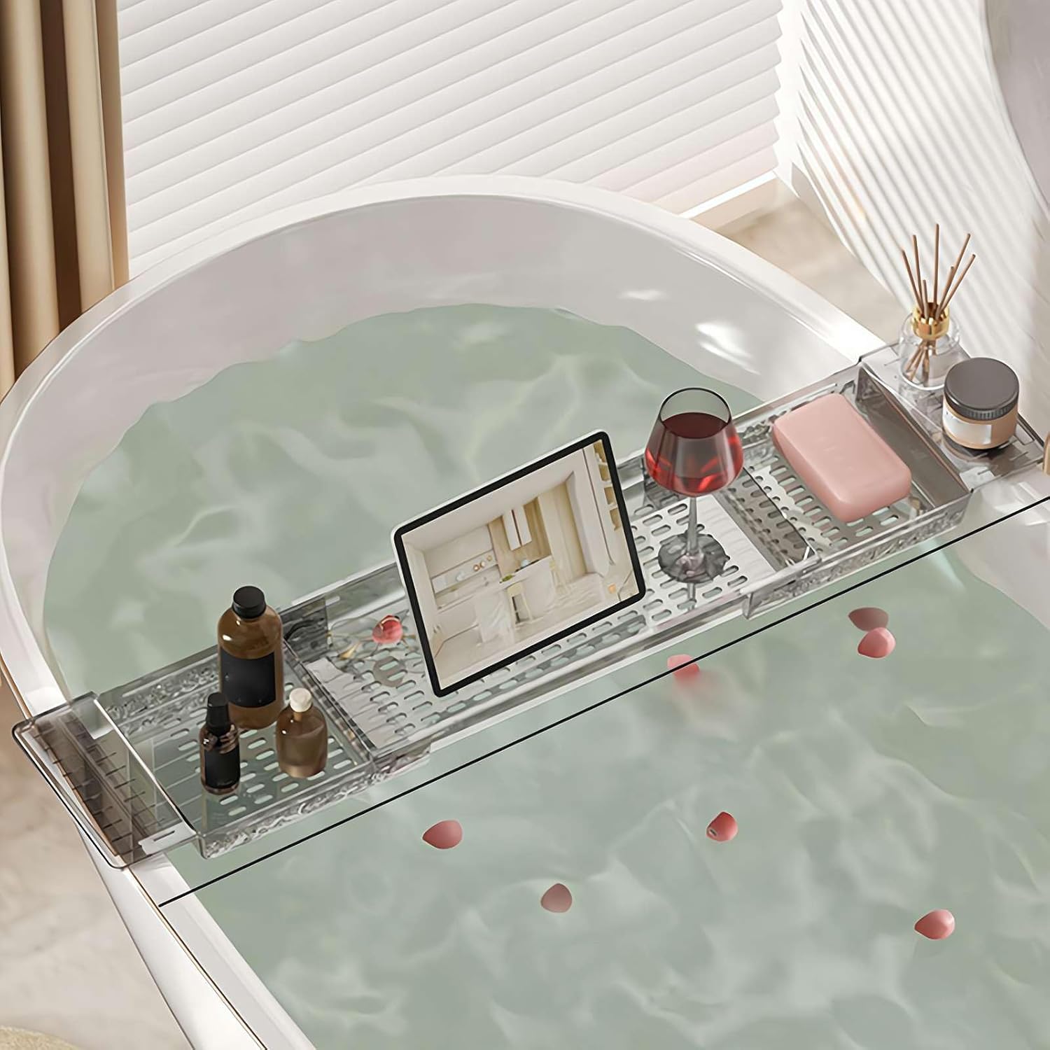 Clear Acrylic Expandable Bathtub Tray with Anti-Slip Design