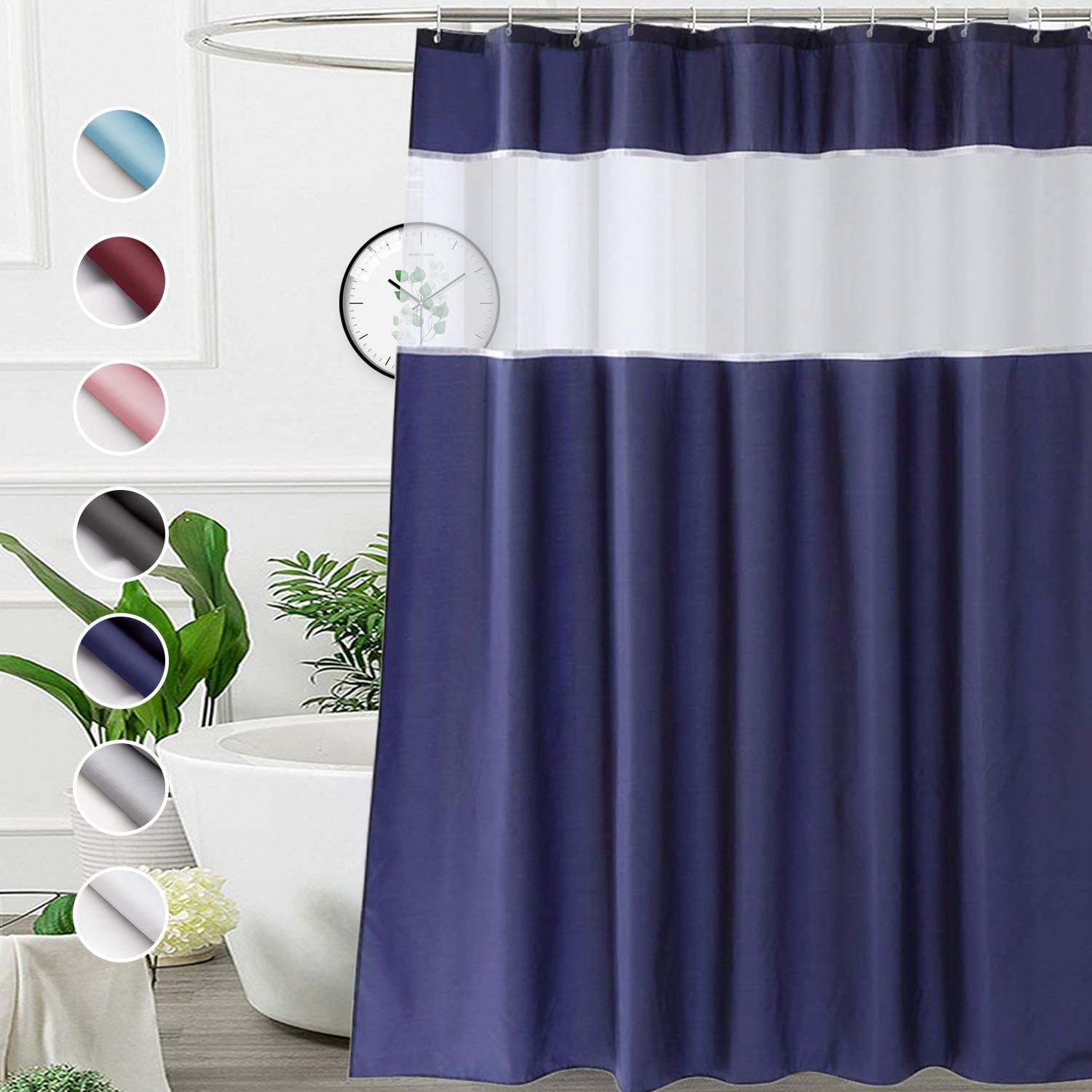 UFRIDAY Navy Blue Shower Curtain with Window and 12 Hooks 1