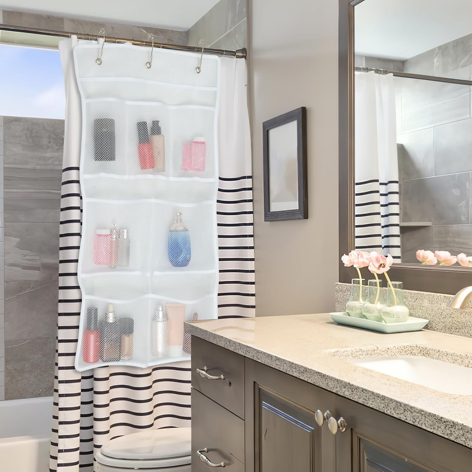 7 Pockets Mesh Shower Caddy with Hooks for Fast Dry Storage