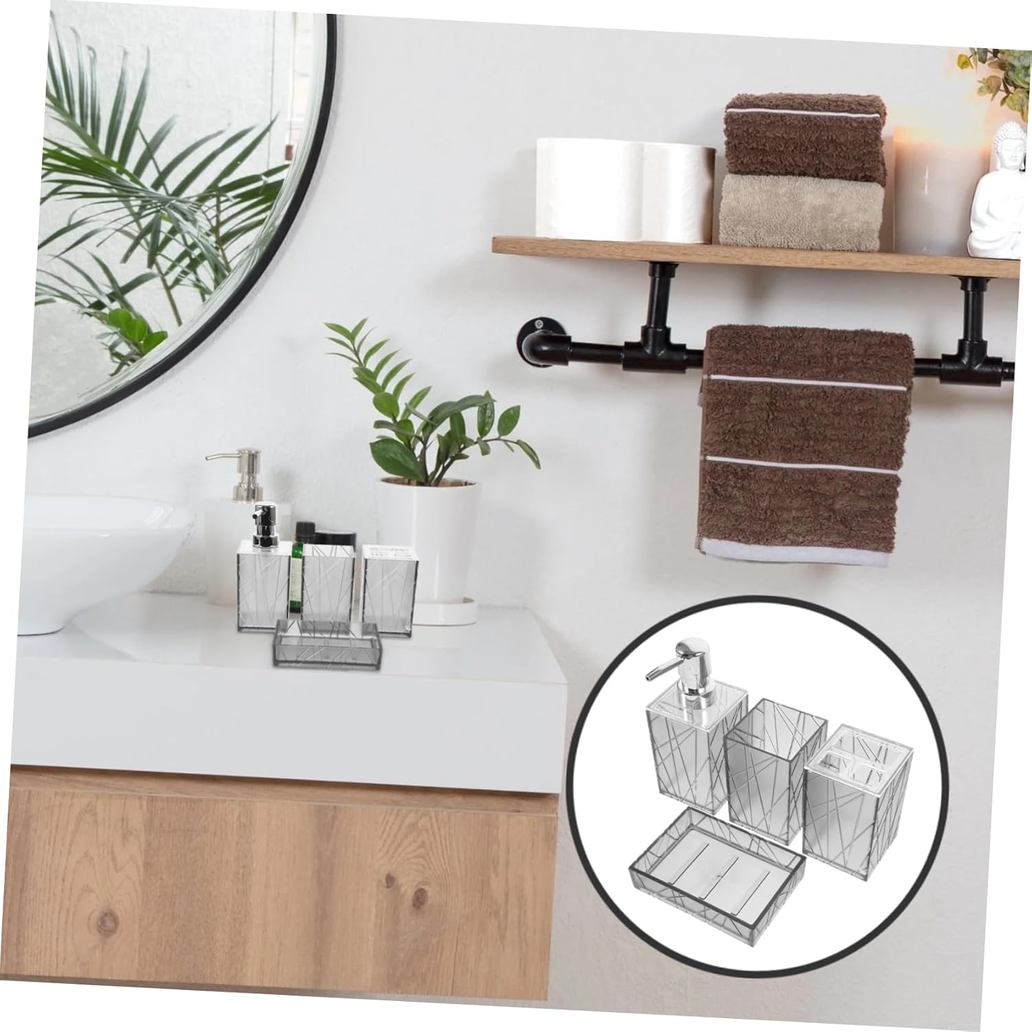 Alipis Bathroom Accessory Set with Shampoo Dispenser and Toothbrush Holder