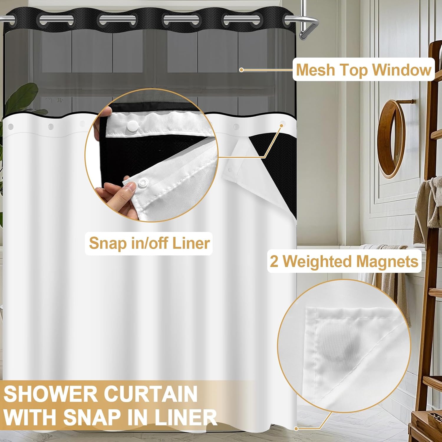 Wyljljy No Hook Shower Curtain Set with Mesh Window