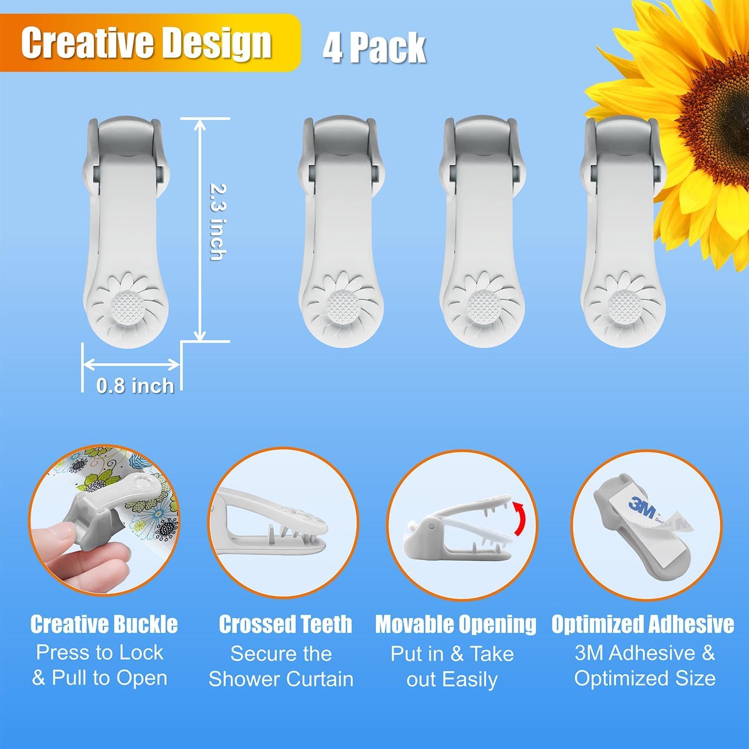Kingwee Sunflower Shower Curtain Clips 4 Pack Grey