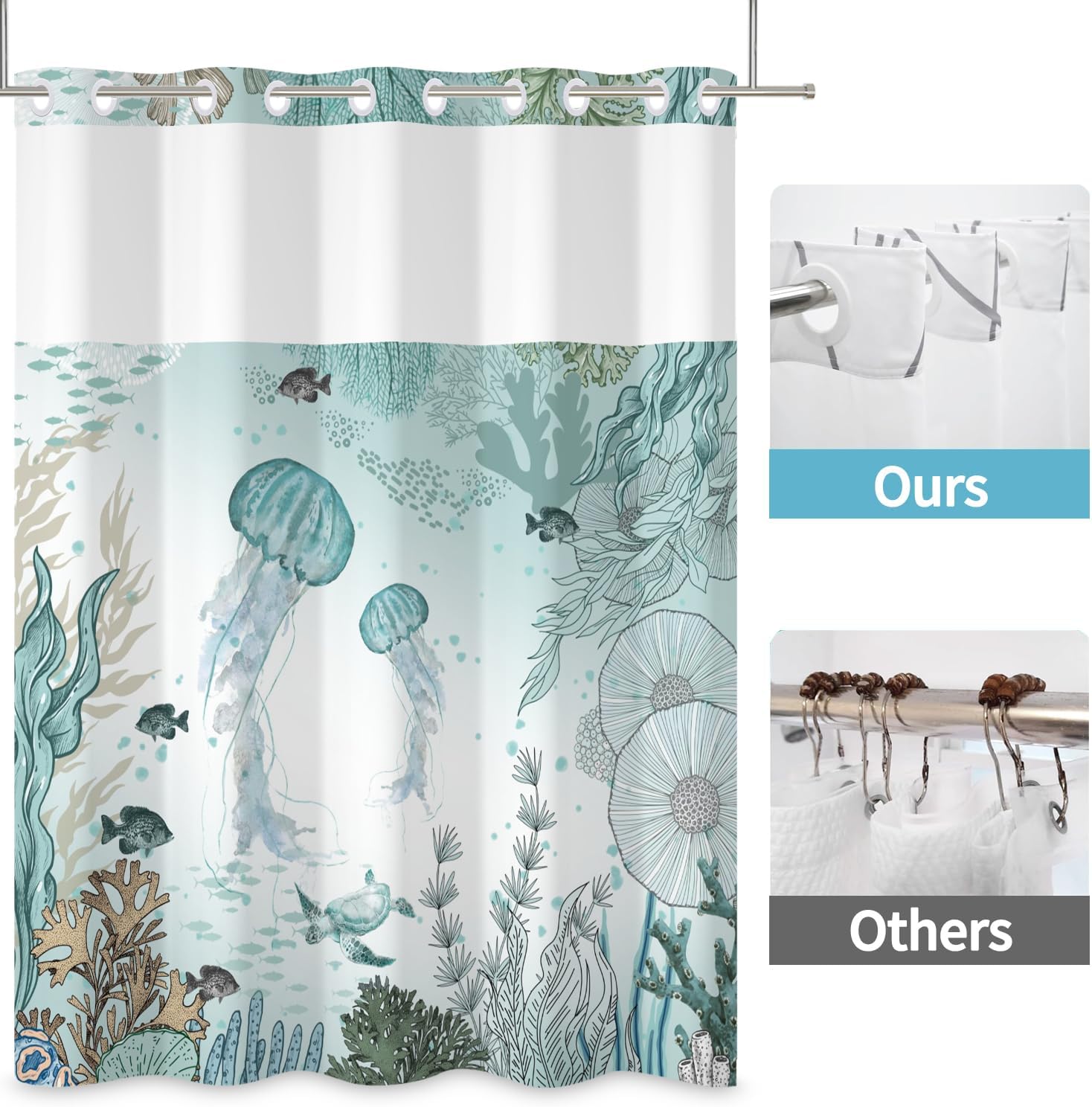 No Hook Jellyfish Shower Curtain Set with Snap-in Liner and Double Layer