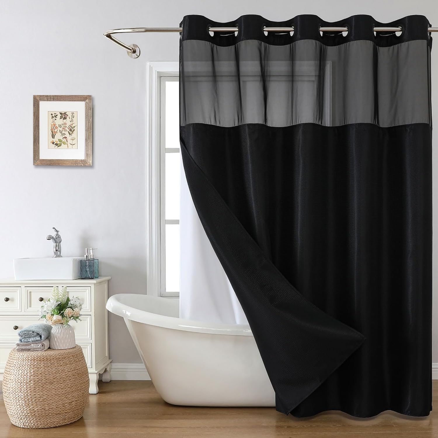 Eachope Black No Hook Shower Curtain with Snap-in Liner Set