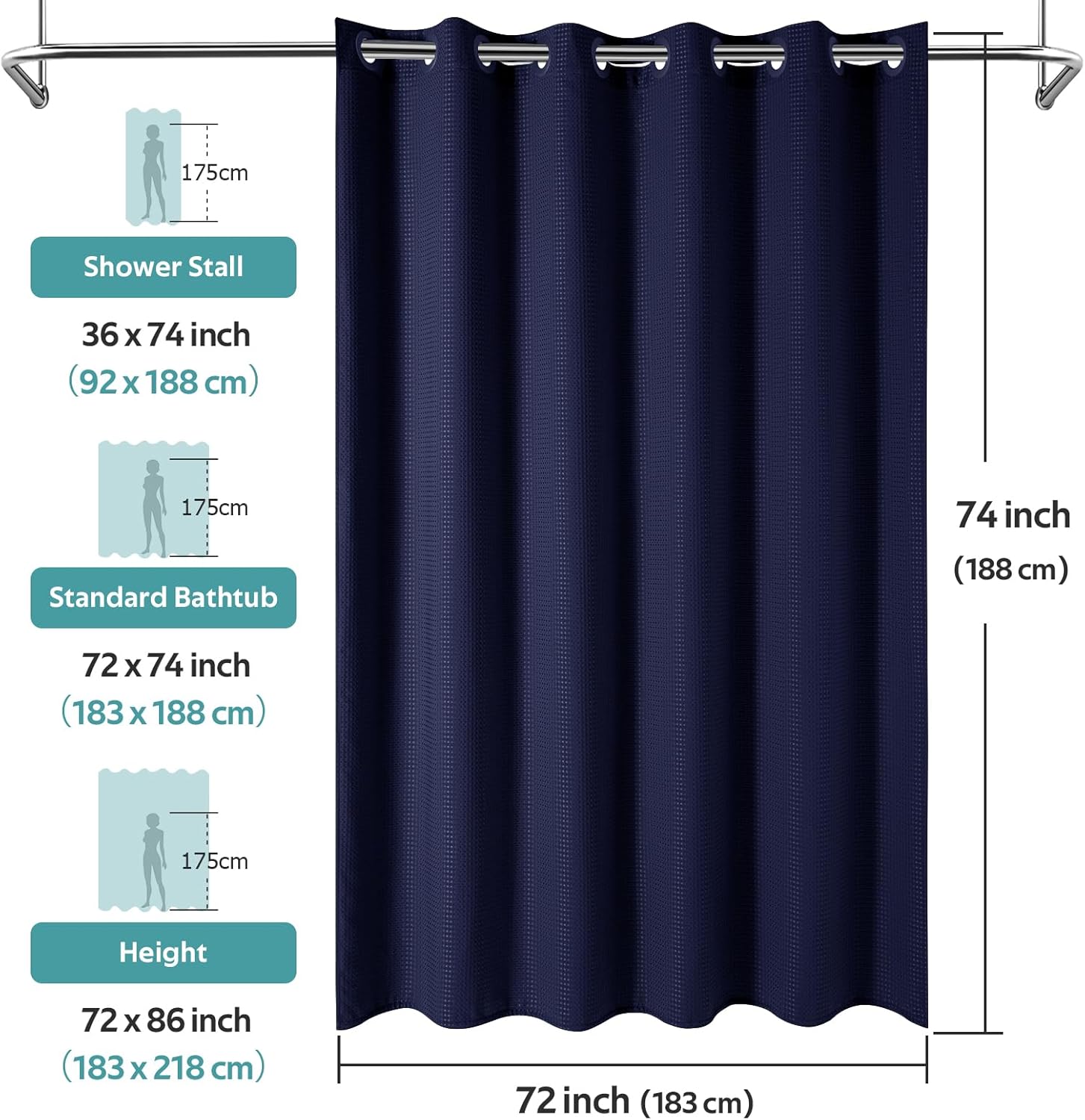 Vipfree No Hook Shower Curtain 72x74 Navy Blue