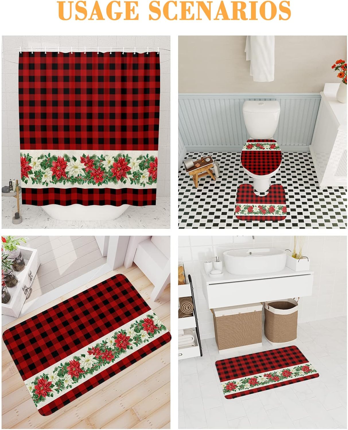 ZOE GARDEN Poinsettia Bathroom Set with Shower Curtain Rug and Hooks