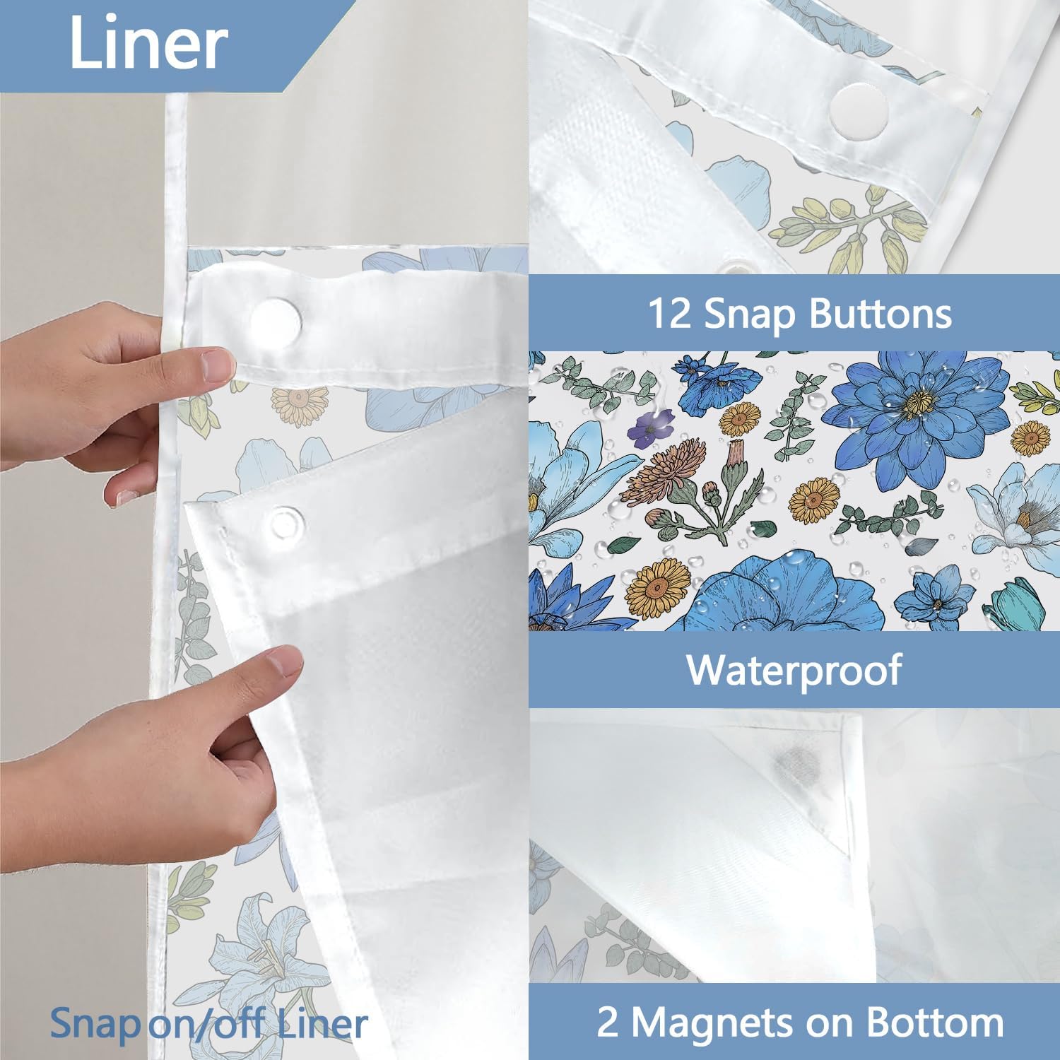 Boho Floral Shower Curtain Set with Snap Liner Blue and White