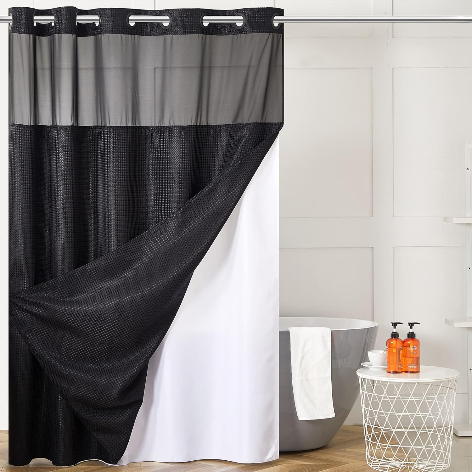 Furlinic No Hook Shower Curtain with Detachable Liner Black 71x78 Inch