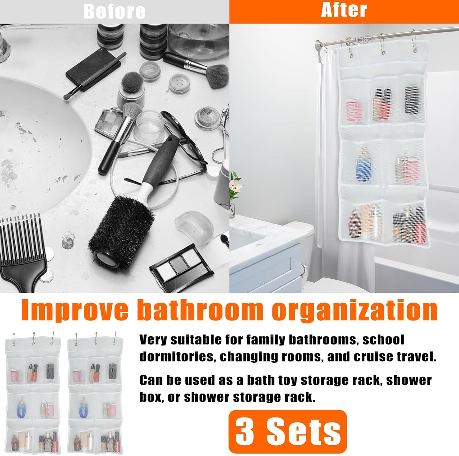 7 Pockets Mesh Shower Caddy with Hooks for Fast Dry Storage