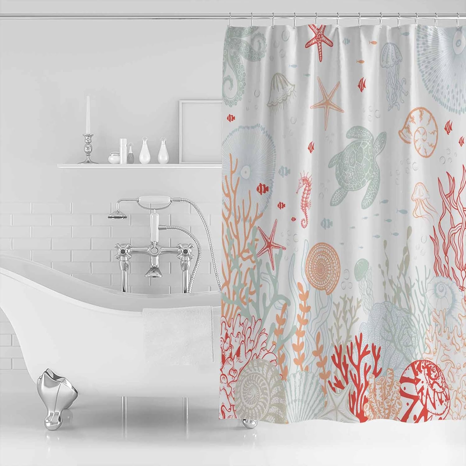 Huotupsine Red Orange Teal Nautical Coastal Shower Curtain Set