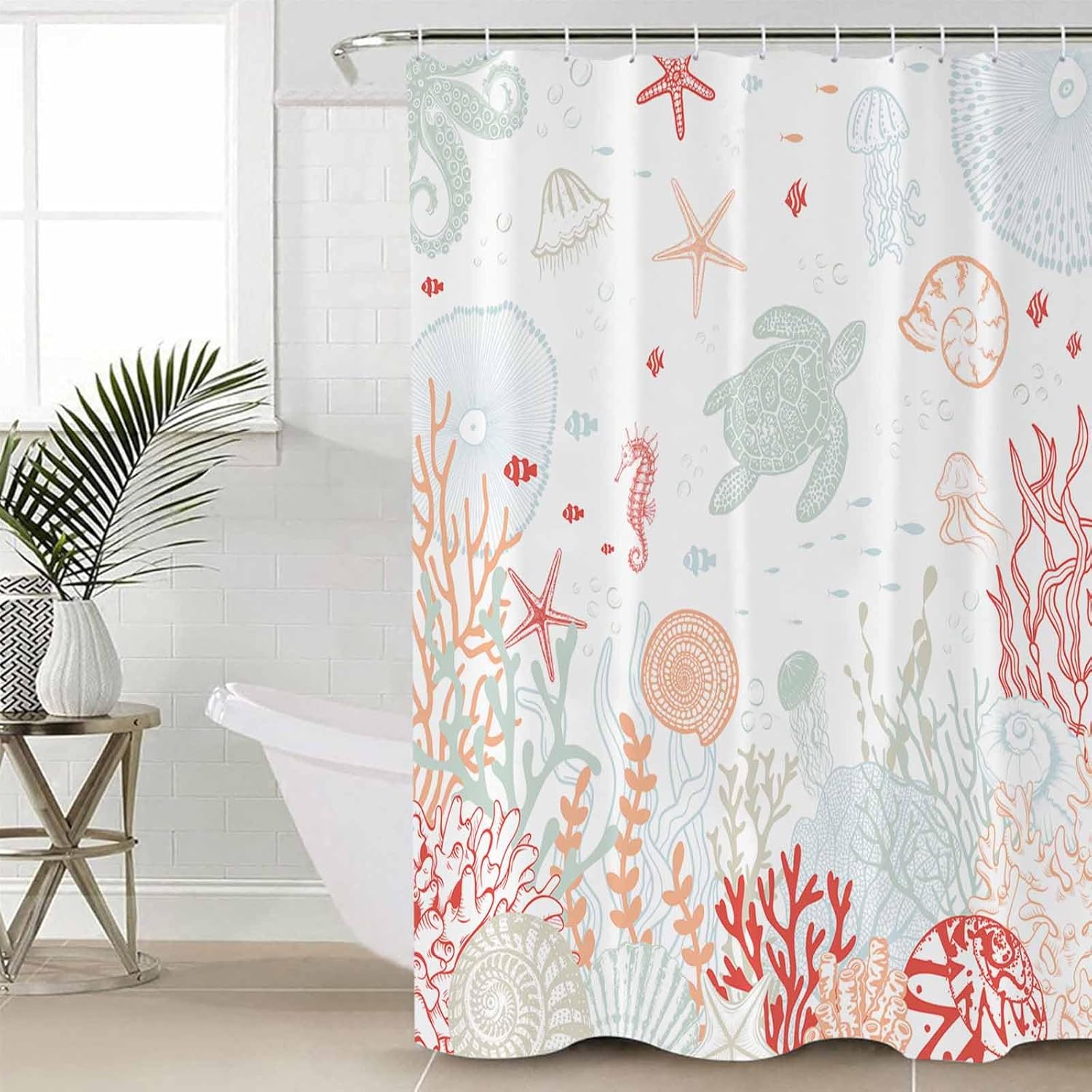 Huotupsine Red Orange Teal Nautical Coastal Shower Curtain Set