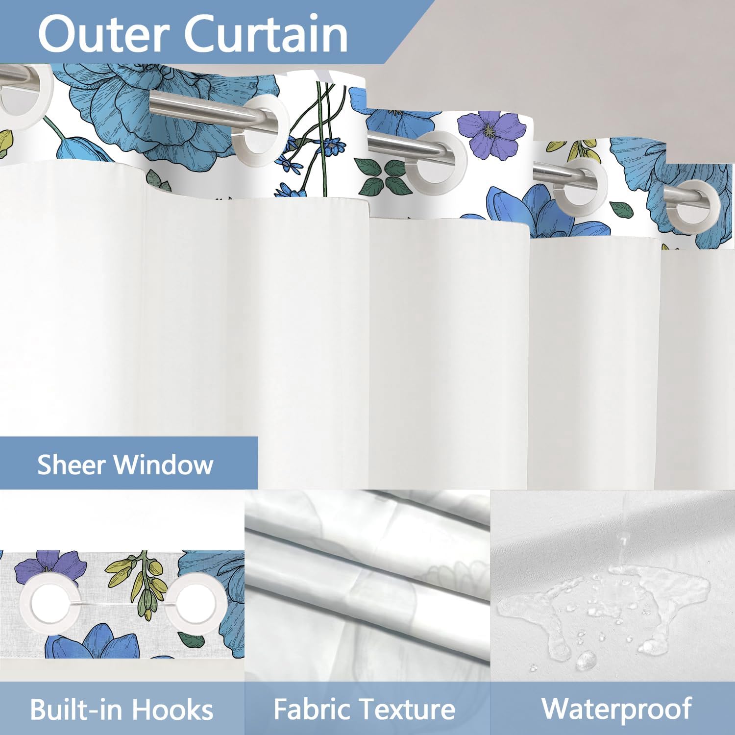 Boho Floral Shower Curtain Set with Snap Liner Blue and White