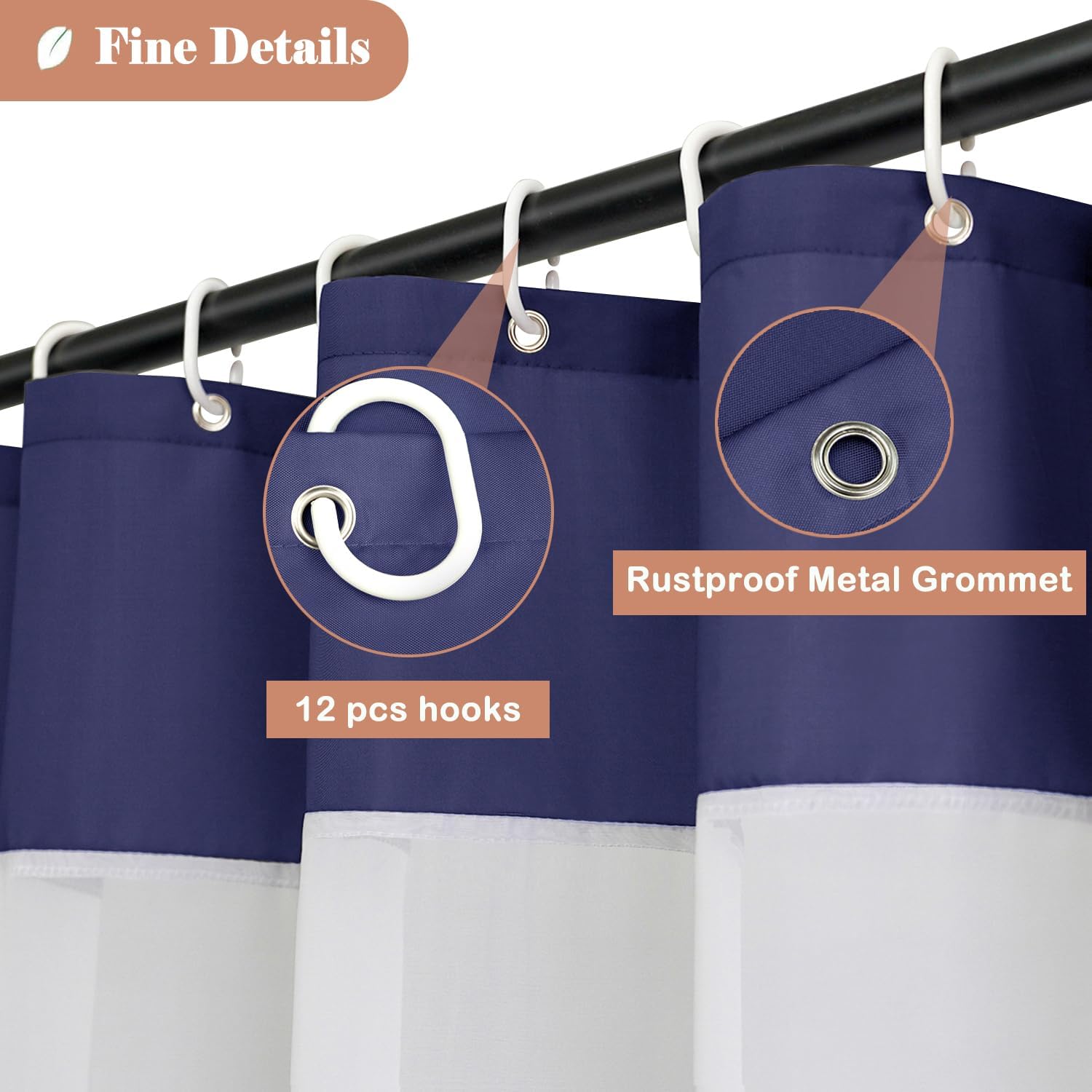 UFRIDAY Navy Blue Shower Curtain with Window and 12 Hooks 1