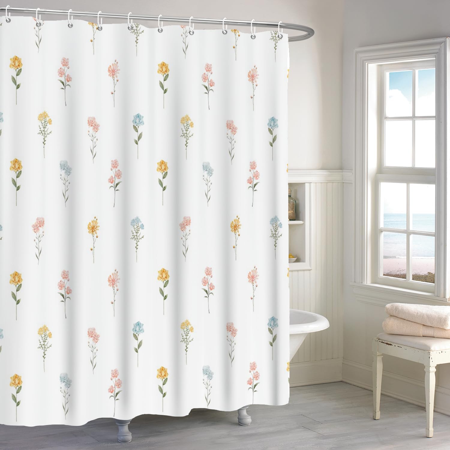 Floral Shower Curtain with Hooks and Waterproof Design