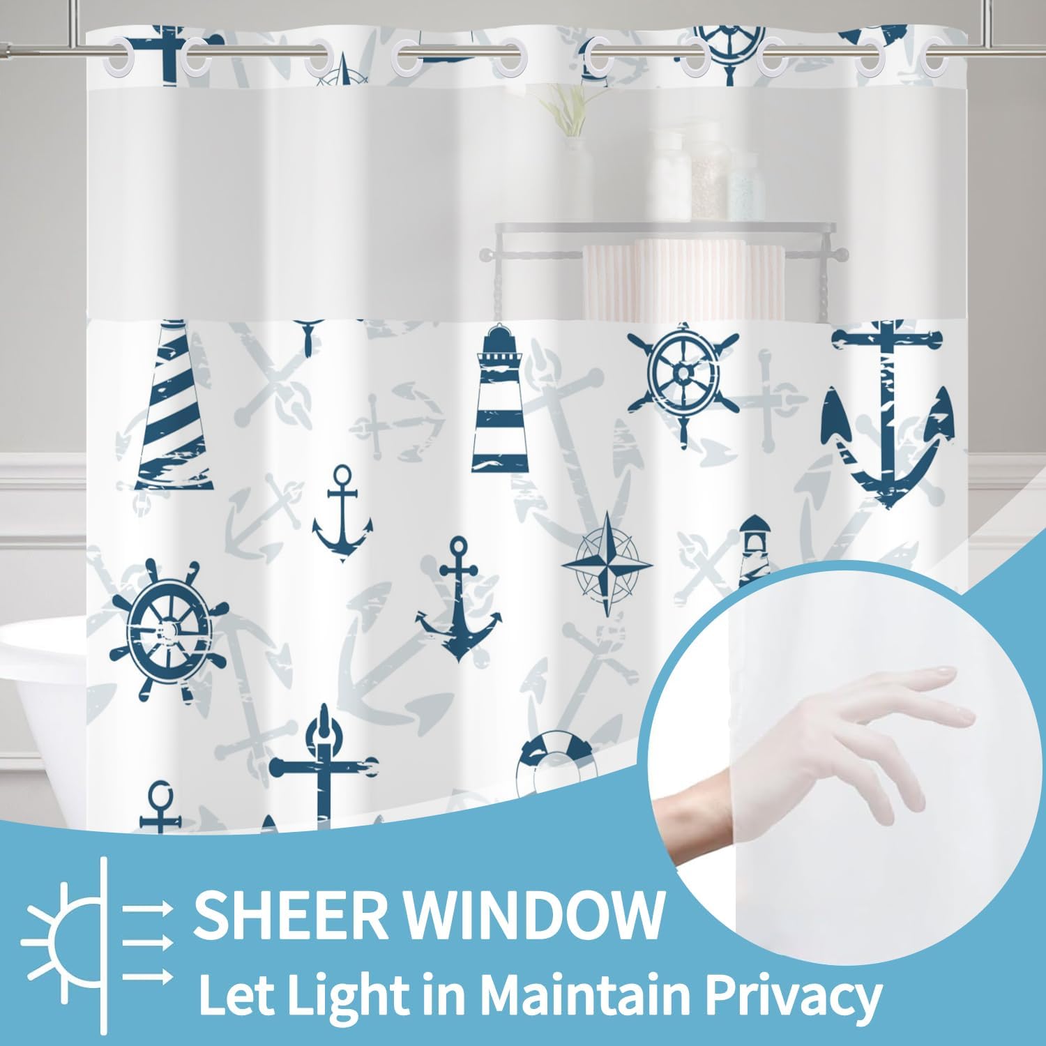 Nautical Shower Curtain Set with Snap Liner and No Hooks