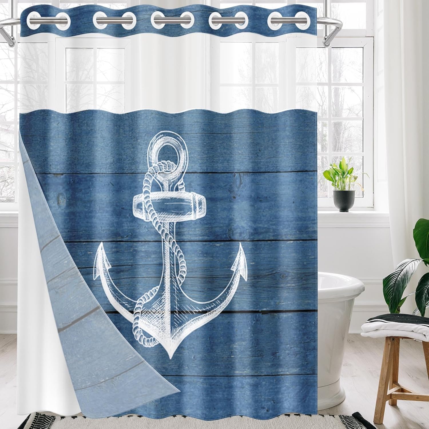 Nesphy Navy Blue No Hook Anchor Wooden Board Shower Curtain Set