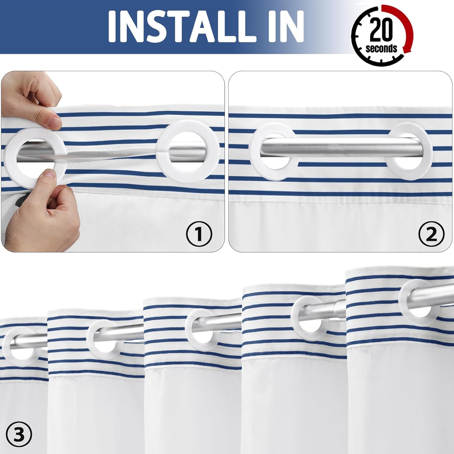 Awellife Boho Navy Striped Shower Curtain Set
